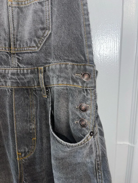 Free People Washed Black/Charcoal Denim Barrel Overalls - Picture 7 of 10